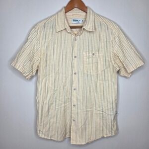 Wellen Mens Short Sleeve Button Down Shirt Yellow Blue Striped Cotton Hemp L
